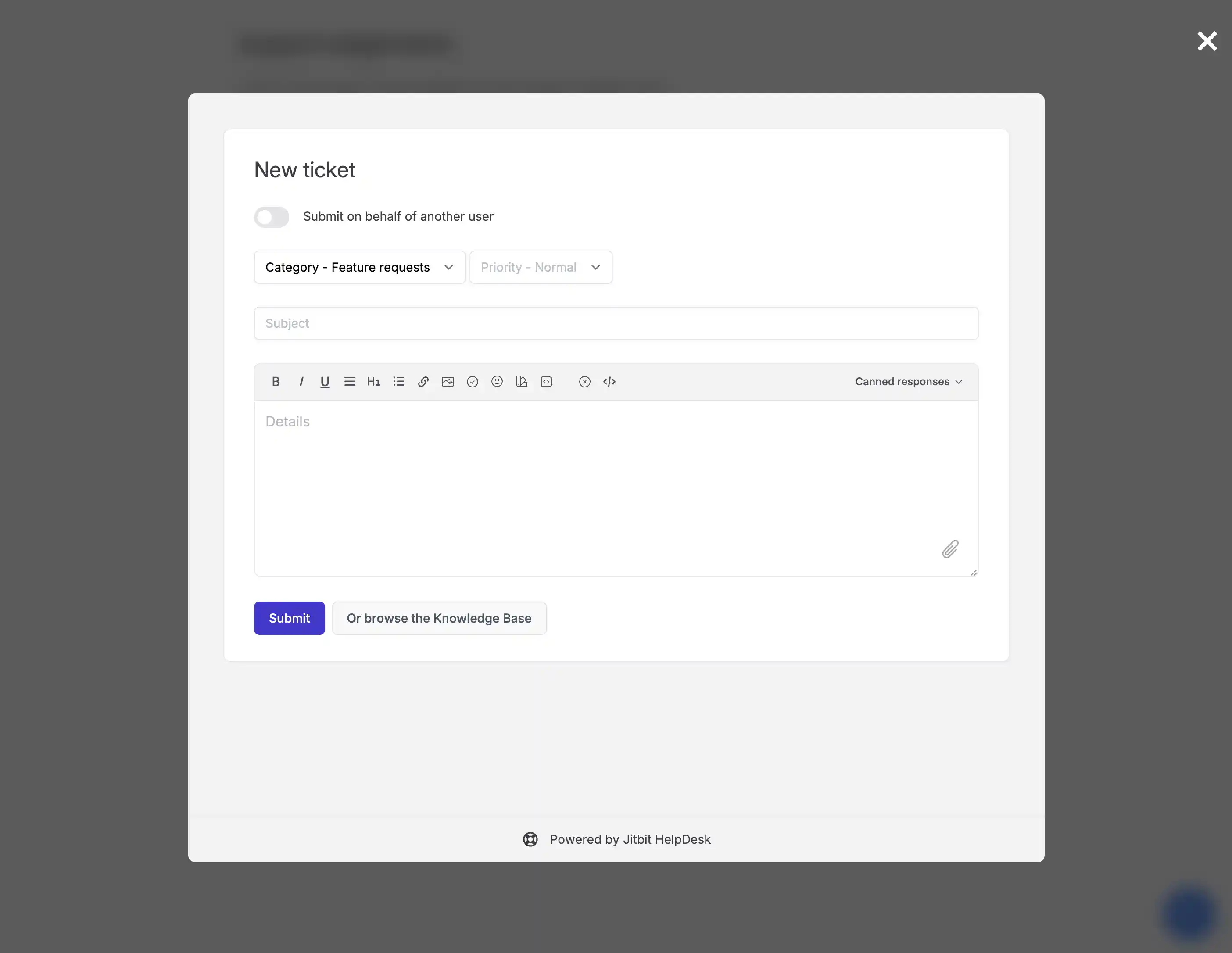 full-size helpdesk support widget with custom fields