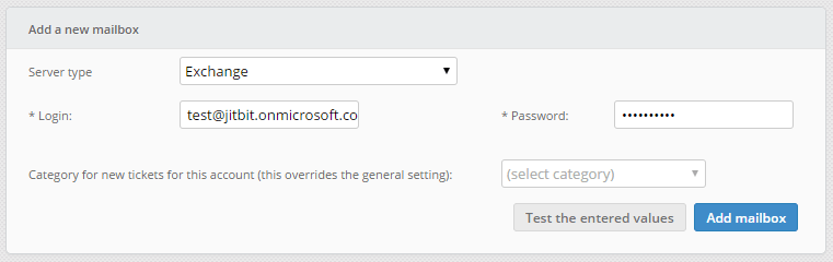 Connecting an Exchange mailbox to Jitbit helpdesk software - server type selection screen