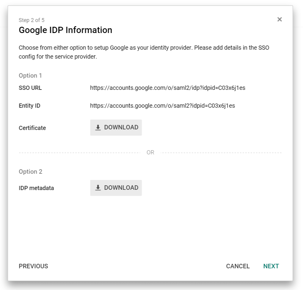 Google SAML SSO URL and certificate download screen