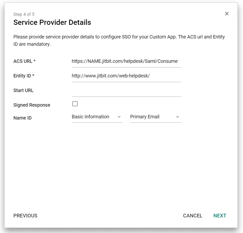 SAML service provider details for Jitbit Helpdesk - ACS URL and Entity ID